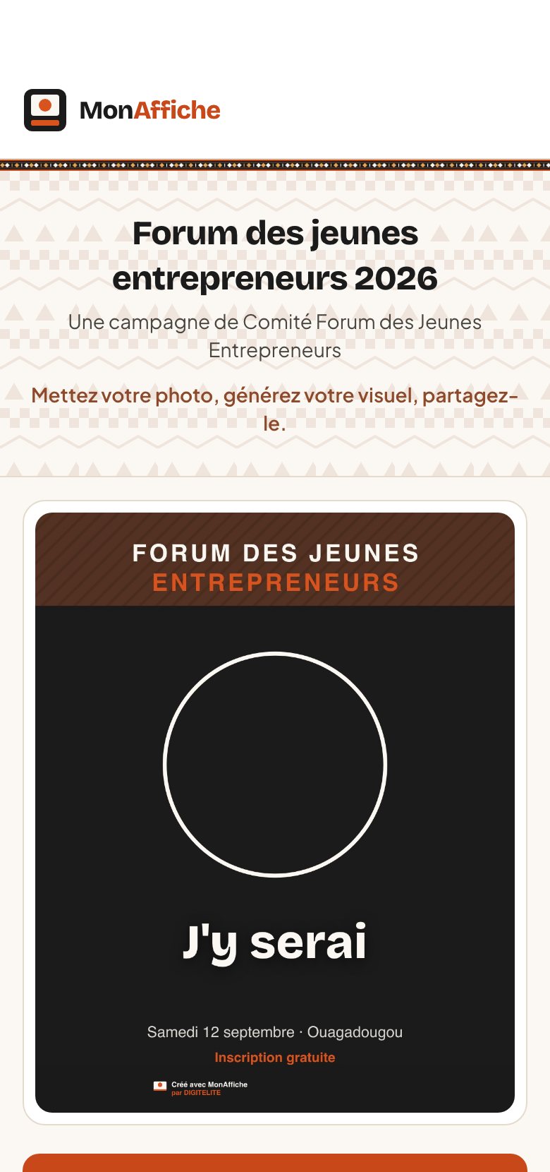 La page publique d'une campagne sur un téléphone : l'affiche, et le bouton Charger ma photo.